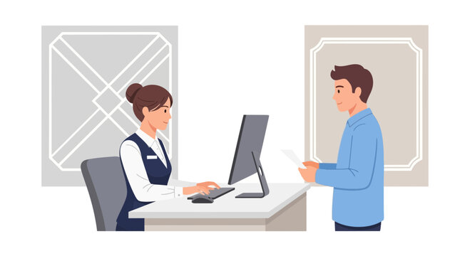 Receptionist assisting client at computer desk with documents in modern office