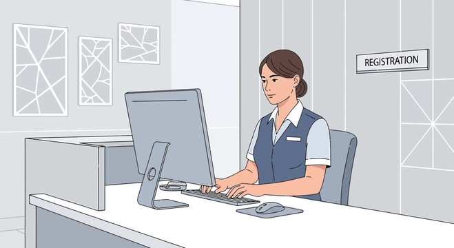 Receptionist working at computer in modern registration area