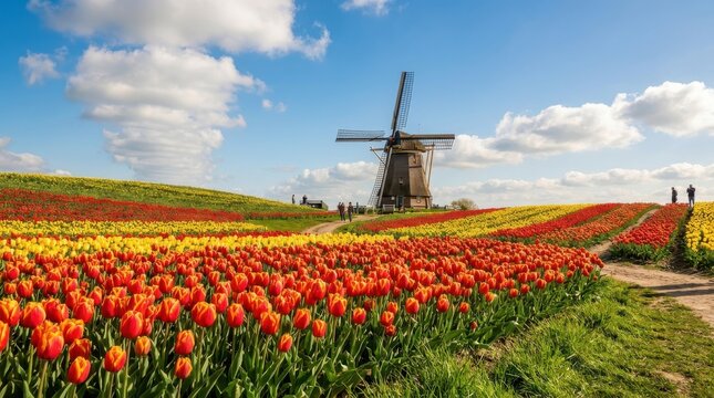 Colorful tulip field with a windmill in a spring Netherlands landscape. This garden nature travel scene features red and yellow