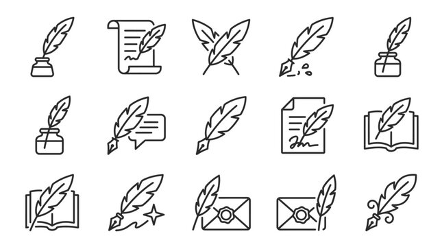 Quill pens and writing icons set.