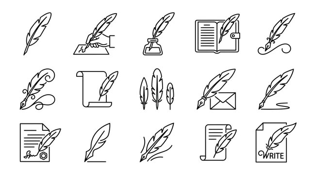 Quill pens and writing icons.