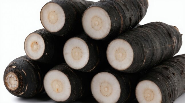 Heap of black salsify root vegetables. Cut ends show white flesh with concentric rings. Isolated on white background, ready for cooking and healthy meals.