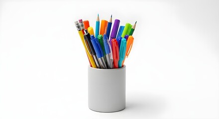 Fototapeta premium Colorful pens in a gray holder on a white background