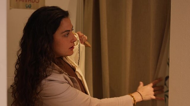 Professional personal shopper assisting a customer trying on new clothes in a fitting room