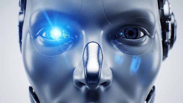 Slow zoom tracking shot of humanoid robot face moving from profile to extreme close up revealing glowing blue eyes in futuristic clinical studio