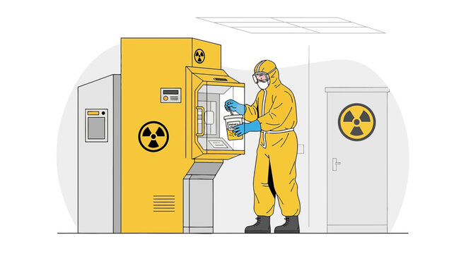 Scientist in Hazmat Suit Works with Radioactive Equipment in Laboratory