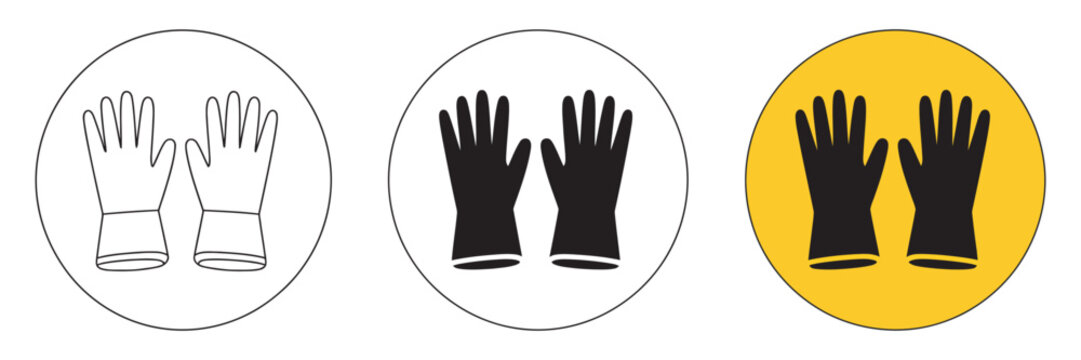 Safety gloves icon set, line solid and colored PPE symbols, hand protection mandatory signage for industrial workplace and construction safety compliance design
