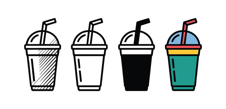 Set of four takeaway cold drink cups with straw in different graphic styles