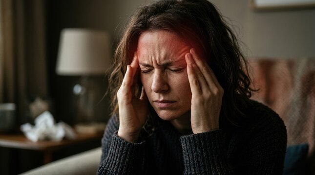 Portrait of a woman with severe headache pain, migraine stress and tension, medical health anxiety symptom, red glow on head,