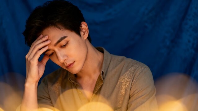 Man resting hand on forehead against blue backdrop