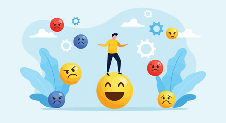 Naklejka premium Emotional intelligence concept showing man standing on large smiling emoji ball surrounded by various angry faces and mechanical gears in abstract background.