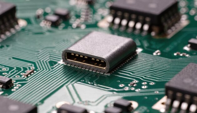 Closeup medium shot showing surface mount technology USB TypeC connector placement on a circuit board emphasizing modern compact electronics manufacturing.