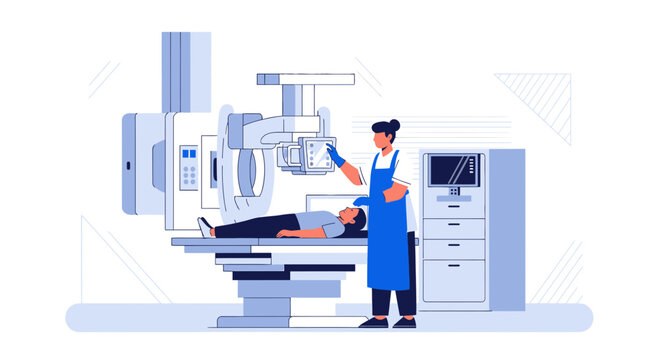 Radiologist operating X-ray machine on patient in modern clinic, medical technology