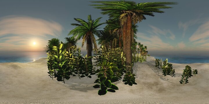 HDRI High resolution map, environment map, Round panorama, spherical panorama, equidistant projection, sea sunset, panoramic, 3D rendering. Sunset over a tropical island 