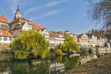 Fototapeta premium Historic Colorful Waterfront Houses and Neckar River in Tuebingen, Germany