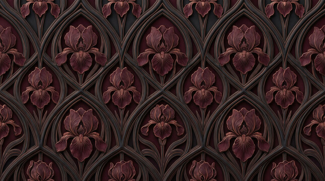 Seamless Gothic floral pattern with embossed tulip motifs in deep burgundy tones