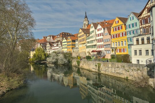 Historic Colorful Waterfront Houses and Neckar River in Tuebingen, Germany