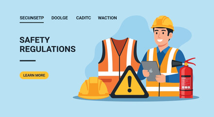 Worker in hard hat and safety vest stands near protective gear and fire extinguisher, emphasizing safety regulations and industrial compliance. © DHS
