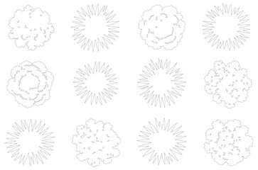 Obraz premium Minimalist tree top view symbols, set of 12 landscape architecture icons, black and white outline garden plants for site plan design