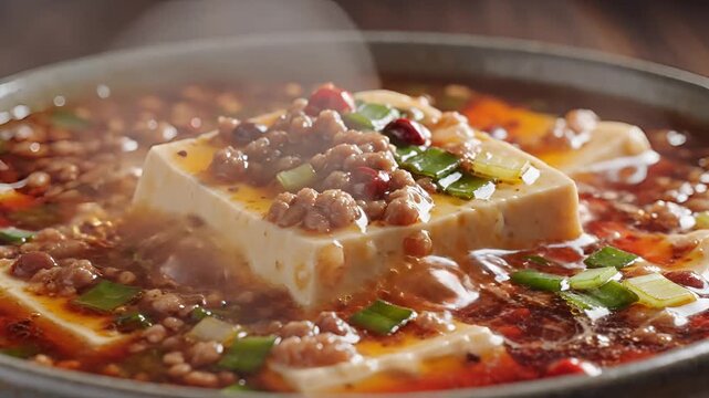 Delicious Mapo Tofu with Minced Pork and Scallions in a Savory Sauce.
