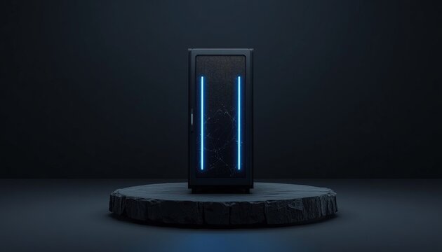 This is a picture of a dark room with blue light coming from a 19 inch server rack
