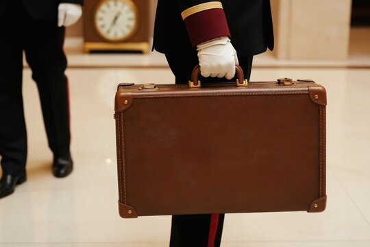 Hotel doorman in uniform and white gloves carries a brown leather suitcase. Concierge assists traveler with luggage at luxury lobby. Porter helps with baggage for guest.