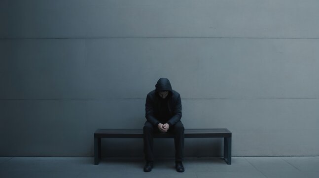 Man in hooded jacket sits alone on bench. He looks down, lost in thought. Stark wall behind him creates feeling of isolation and loneliness. Dark mood.