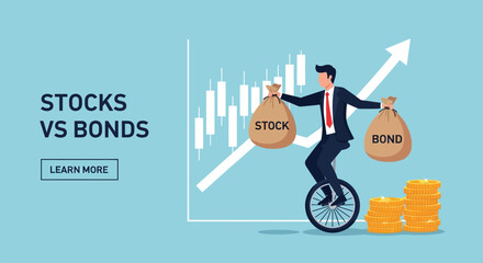 Stocks vs bonds investment comparison, businessman on unicycle holding money bags, financial growth chart, stock market data analysis. © DHS