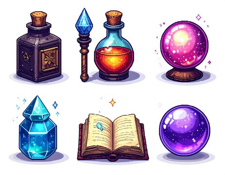 Magic fantasy pixel art icons set with glowing crystals, ancient book, potion bottles and mystical orbs on white background