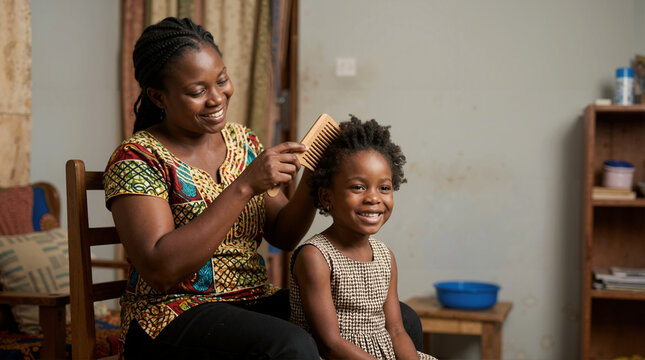African mother combing her daughter's hair with a wooden comb. Smiling Black woman and young girl enjoying a grooming routine at home. Family care and bonding