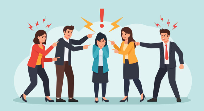 Business people bullying frustrated female colleague at work office conflict environment stressful situation unprofessional group behavior toxic workplace culture.