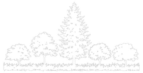 Obraz premium Minimalist tree line vector illustration, simple black and white forest landscape outline, deciduous and evergreen tree silhouettes for coloring