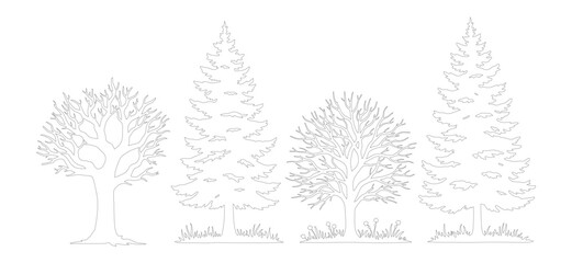 Obraz premium Minimalist continuous line drawing of trees, set of four nature vector icons, elegant forest tree outlines for landscape design and branding