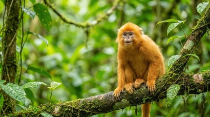 Obraz premium Golden monkey perched on a mossy tree branch in a lush tropical rainforest habitat, capturing the vibrant essence of nature in a beautiful widescreen composition for environmental wildlife displays.