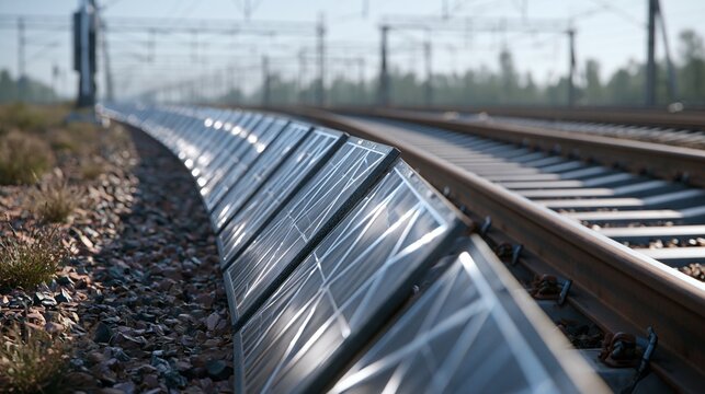 Detailed medium shot capturing reflective heat shields along the track bed with a subtly blurred sparse gravel and overhead lines framing the advanced cooling technology.