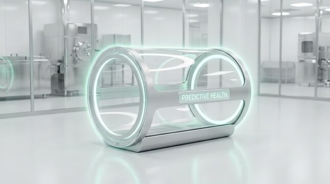 Futuristic predictive health technology pod with glowing ambient ring, cinematic widescreen medical diagnostics chamber featuring clean metallic surfaces for advanced patient wellness monitoring syste