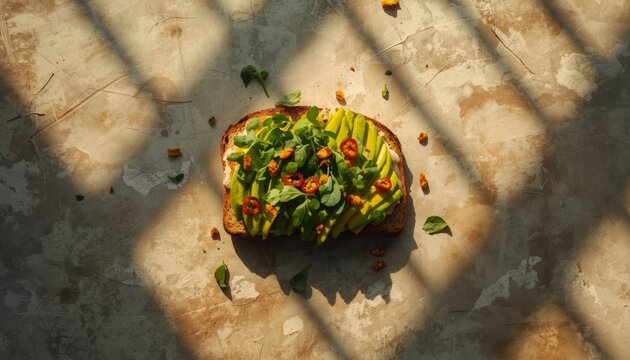 There is a piece of bread with avocado and tomatoes on it