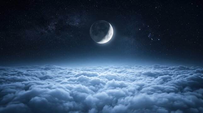 Crescent moon above the clouds in the night sky, dreamy celestial moonlight stars, peaceful fantasy heaven blue, serene soft light