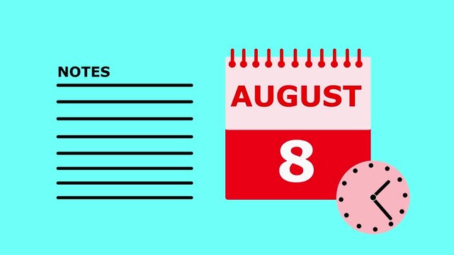 August 8th calendar page with notes section on teal background date planner.
