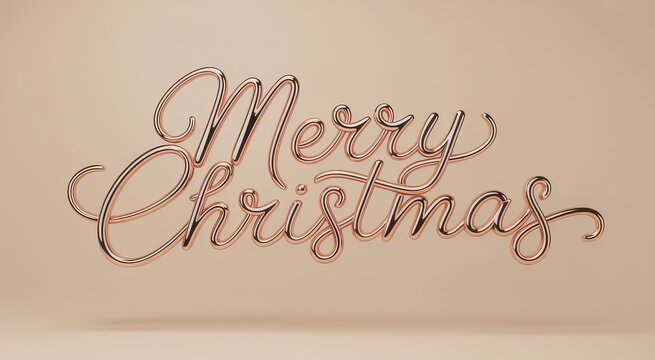 3D rose gold metallic Merry Christmas script on beige background