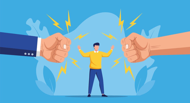 Professional conflict management concept with giant fists threatening man person between intense pressure argument disagreement social tension workplace struggle.
