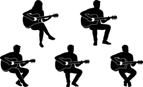 Acoustic guitar player silhouette collection featuring seated male and female musicians performing live music isolated vector illustration set