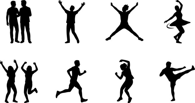 Active people silhouette collection featuring dancing running jumping martial arts and celebration poses isolated vector illustration set