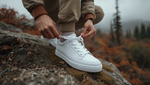There is a person tying up a pair of shoes on a rock