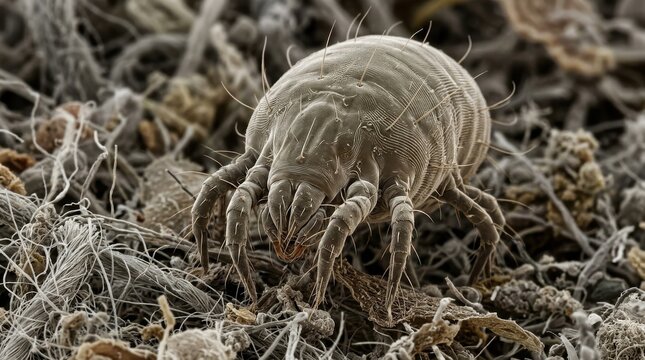Microscopic closeup of a macro dust mite, hairy microorganism biology texture, tiny parasite pest, science detail magnified health