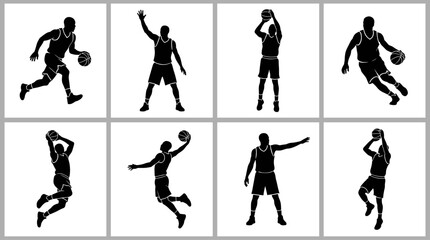 Basketball player silhouette collection featuring dribbling jumping shooting and athletic sport action poses isolated vector illustration set © MSTMONIRA