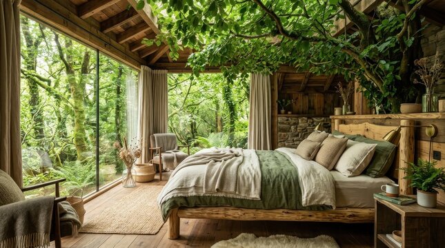Serene forest retreat bedroom with a bed nestled under a green tree canopy, luxury nature tree interior greenery bed, relaxation