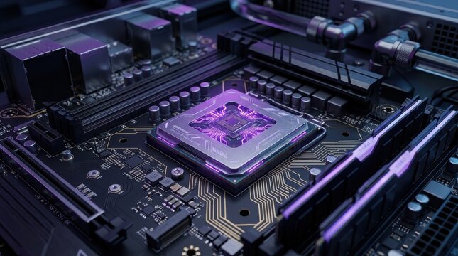 Futuristic hardware CPU with purple glow and microelectronics circuitry, processor chip technology, digital hardware data cyber