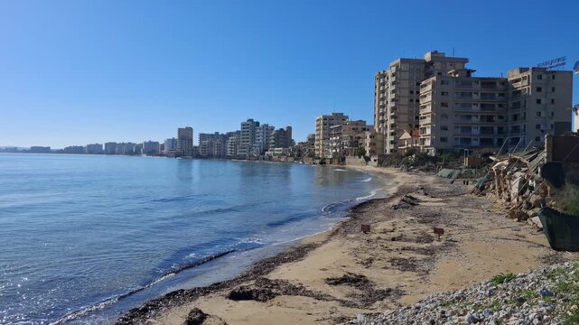 Coastline of the former sea resort of Varosha, a district of Famagusta, Northeern Cyprus, that became a ghost town after the Turkish invasion in 1974. During its heyday, between 1970 and 1974,