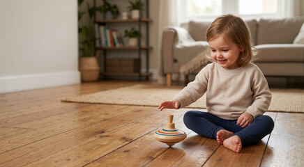 Naklejka premium Toddler playing with a wooden spinning top on a wooden floor. Happy child at home. Childhood development concept